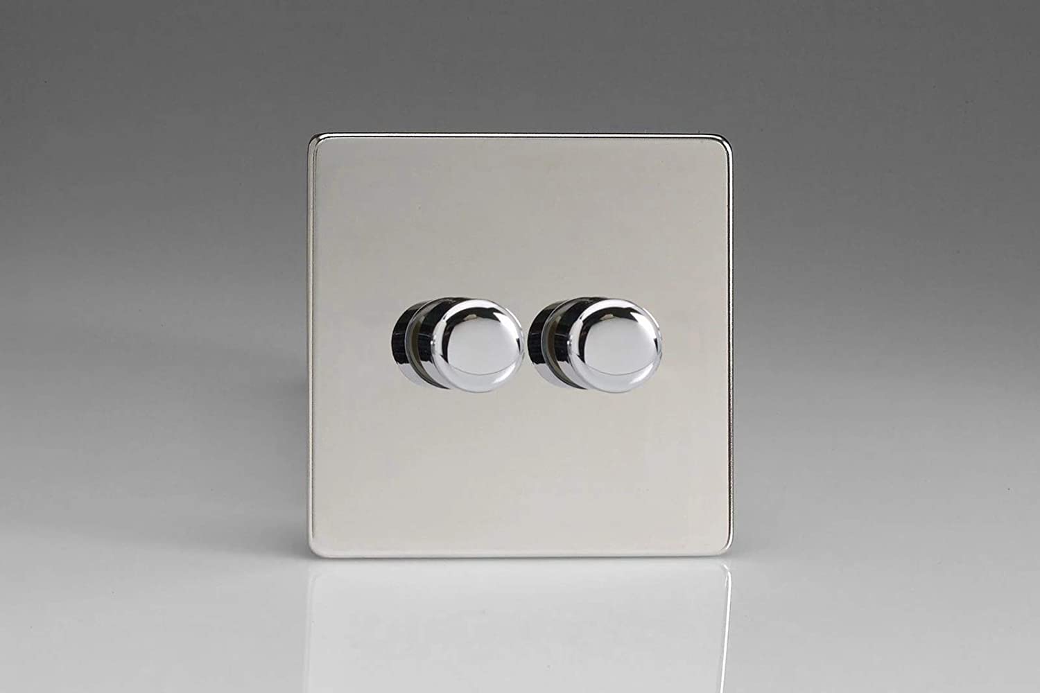 Varilight 2-Gang 2-Way V-Pro Push On/Off Rotary LED Dimmer 2 x 0-120W Polished Chrome, 86x86x48mm