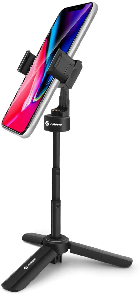Fotopro Phone Tripod, 360 Rotation Extendable Tabletop Tripod, Travel Vlog with Cold Shoe Mount, Selfie Stick for iPhone Camera Webcam