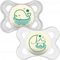 MAM Night Soothers 0+ Months (Pack of 2), Glow in the Dark Baby Soothers with Self Sterilising Travel Case, Newborn Essentials, Green/White, (Designs May Vary)