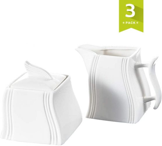 MALACASA, Series Flora, 3-Piece Ivory White Porcelain Cream & Sugar Sets for Coffee and Tea Included 1-Piece Milk Jug and 1-Set Sugar Pot with Lid