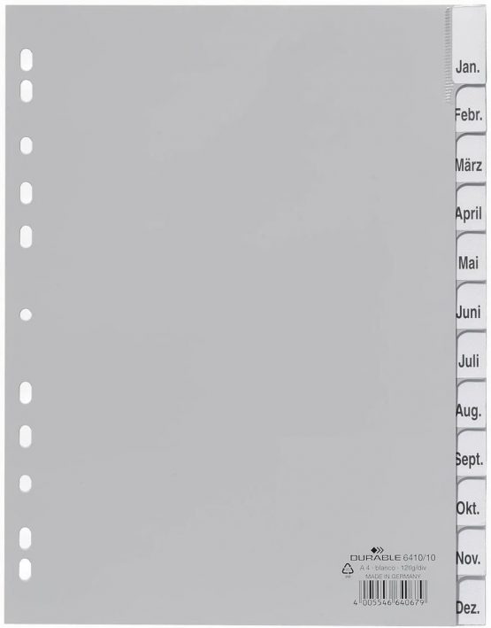 Durable 641010 File Dividers made of PP Blank Tabs for A4 12 Sheets Grey