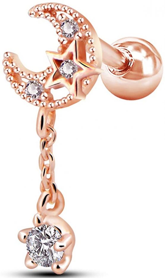 OUFER Cartilage Earrings 16G Stainless Steel Moon with Cubic Zirconia Dangle Tragus Earrings Helix Studs Cartilage Piercing Jewellery