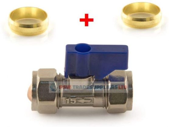 Lever Operated Isolating Valve Blue Handle 15mm Chrome+ 2 Olives TRADE SUPPLIERS LTD