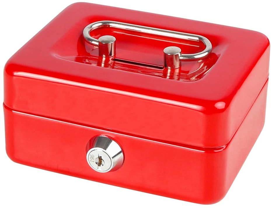 Small Cash Box with Lock and Coin Slot for Kids Parrency Small Lock Box with Money Tray, 4.9 x 3.7 x 2.3 inch, Red