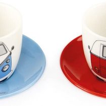 BRISA VW Collection - Volkswagen Hippie Bus T1 Camper Van Espresso Cup 2-pc Set in Gift Box for Kitchen, Garage, Office - Camping Equipment/Gift-Idea/Souvenir (Design: Front/Red/Blue)