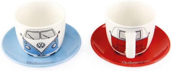 BRISA VW Collection - Volkswagen Hippie Bus T1 Camper Van Espresso Cup 2-pc Set in Gift Box for Kitchen, Garage, Office - Camping Equipment/Gift-Idea/Souvenir (Design: Front/Red/Blue)