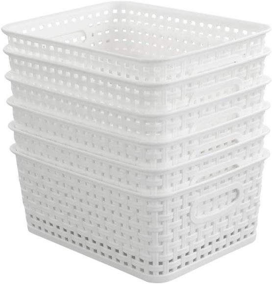 Hokky 6-Pack White Plastic Weave Basket, Woven Rattan Storage Basket, Desktop Storage Box