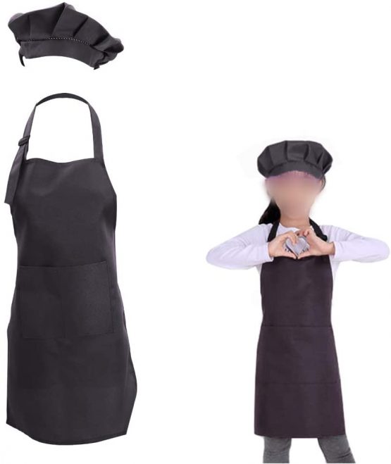 CWFUN 2 Pieces of Kids-Children Bule Apron and Chef Hat,Aprons for Kids-Boys Girls Adjustable Aprons-Children Kid's Kitchen Cooking and Baking Wear(5-13 Years Old) (Baby Blue-1Set, Large)