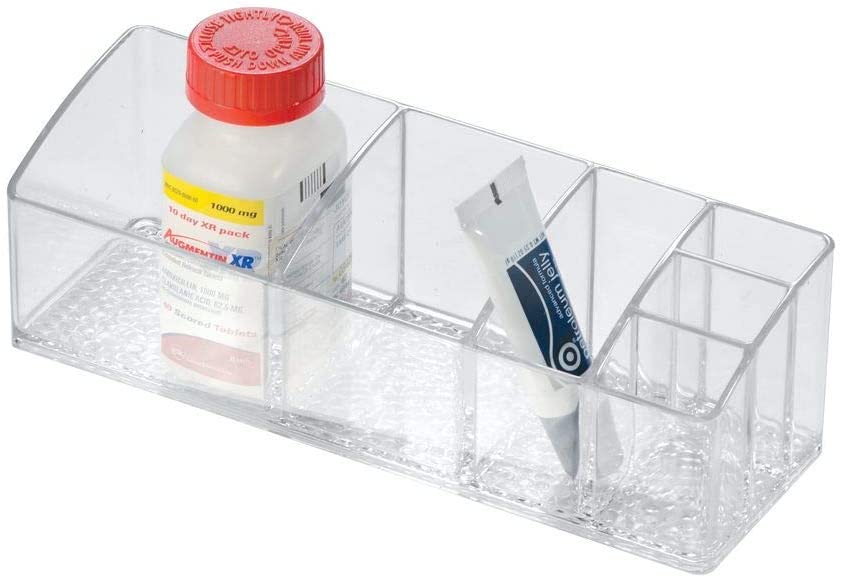 iDesign 42730ES Med+ Medicine Box, Plastic Bathroom Storage Container for Medical Supplies with Six Compartments Clear, 9" x 3" x 2"