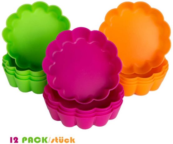 Webake 12 Pcs Tart Tins Mini Quiche Dishes Silicone Tart Mould Non-Stick Round Fluted Flan Pan Pie Tin Cake Baking Tray Multi Colour 8x2.2cm / 3.14"x0.86