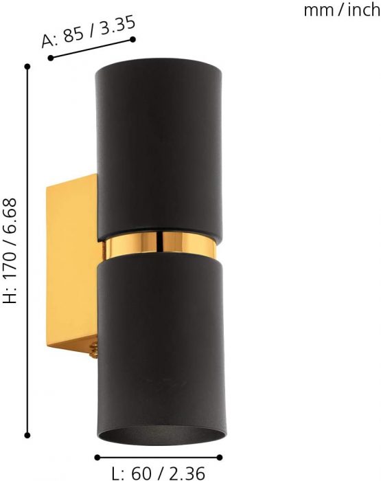 EGLO Passa LED Wall Light 2 Bulbs Wall Light Modern Interior Metal in Black and Gold Living Room Lamp Hallway Lamp with Up and Down Light, Round, GU10 Socket - Image 2