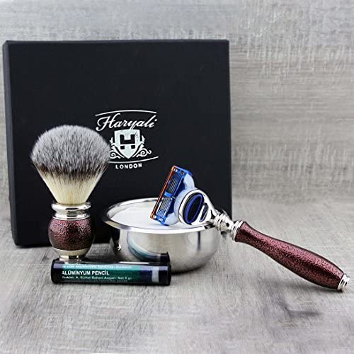 Haryali London 5pc Shaving Kit 5 Edge Safety Razor with Synthetic Badger Hair Shaving Brush, Soap, Bowl and Alum Perfect Set for Mens - Image 4