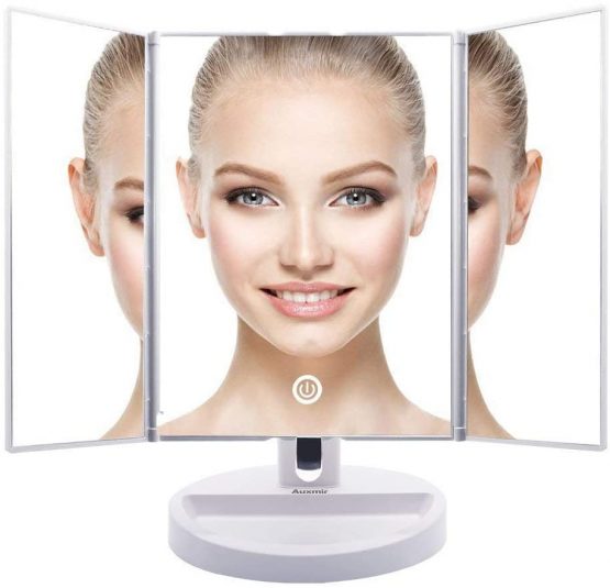 Auxmir Makeup Mirror with Light, Trifold Mirror with 10X Magnifying Spot Mirror, Bathroom Make Up Mirror on Stand with Touch Screen, Dressing Table Mirror for Shaving, Cosmetic, Dual Power Supply - Image 2