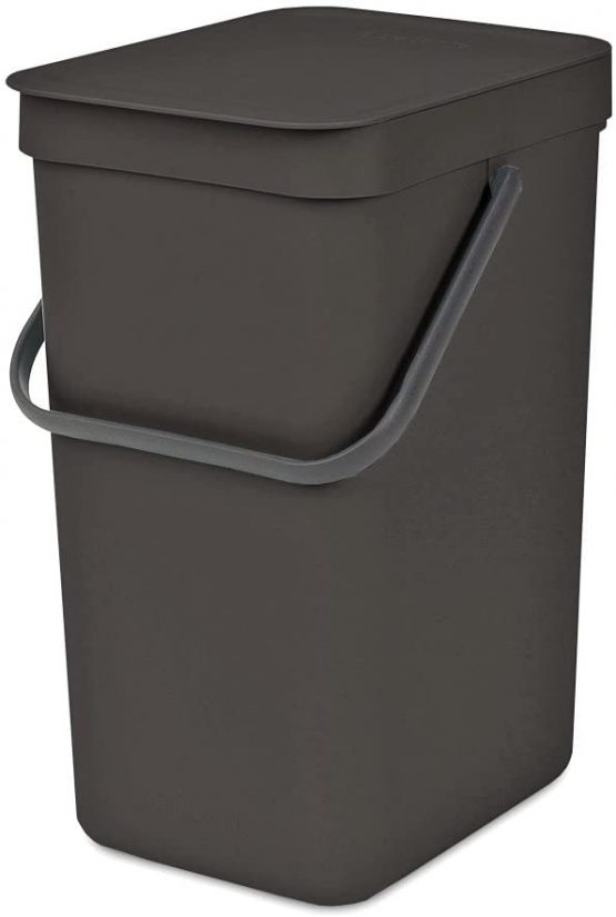 Brabantia Sort & Go Kitchen Recycling Bin (12L / Grey) Stackable Waste Organiser with Handle & Removable Lid, Easy Clean, Fixtures included for Wall/Cupboard Mounting