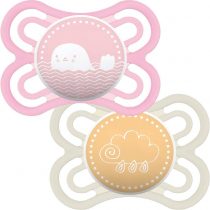 MAM Perfect Soothers 0+ Months (Pack of 2), Thinner and Softer Baby Soothers with Self Sterilising Travel Case, Newborn Essentials, Pink (Designs May Vary)