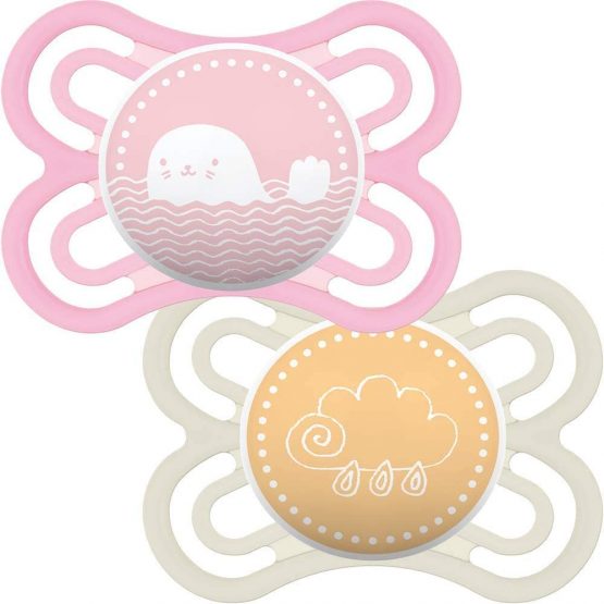 MAM Perfect Soothers 0+ Months (Pack of 2), Thinner and Softer Baby Soothers with Self Sterilising Travel Case, Newborn Essentials, Pink (Designs May Vary)