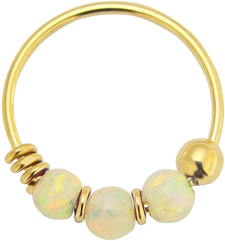 AZARIO LONDON 9K Yellow Gold Nose Ring Triple White Opal Bead 22 Gauge Hoop, White - Yellow Gold, 8 mm