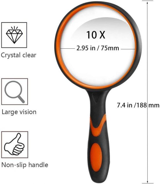 Magnifying Glass 10X, Handheld Reading Magnifier with Non-Slip Soft Rubber Handle, 75mm Magnifying Lens, Shatterproof Magnifying Mirror Reading Books, Inspection, Insects(Green/Orange) Pack of 2 - Image 2