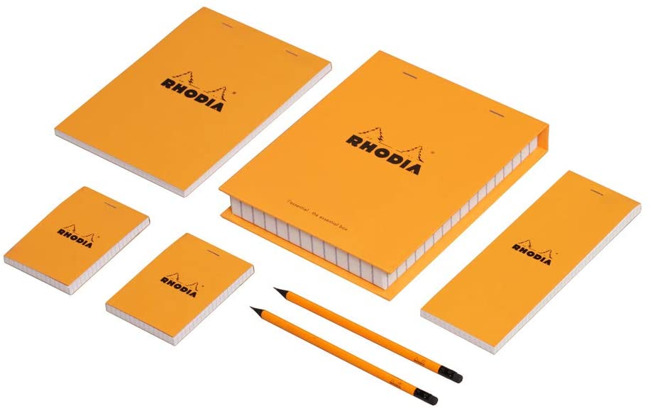 RHODIA 9200C, Essential Box 4 Orange Stapled Pads 1xN°8 + 2xN°11 + 1xN°16, 22.8x18 cm, Small Squares, 80 Detachable Sheets