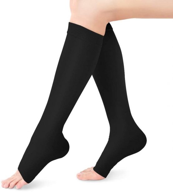 Compression Socks Men Women, 20-30mmHg Compression Stockings, Medical Gradient Compression, Open Toe, Knee High Compression Sleeves for Varicose Vein, Swelling, Edema, 1 Pair (Black, XL)