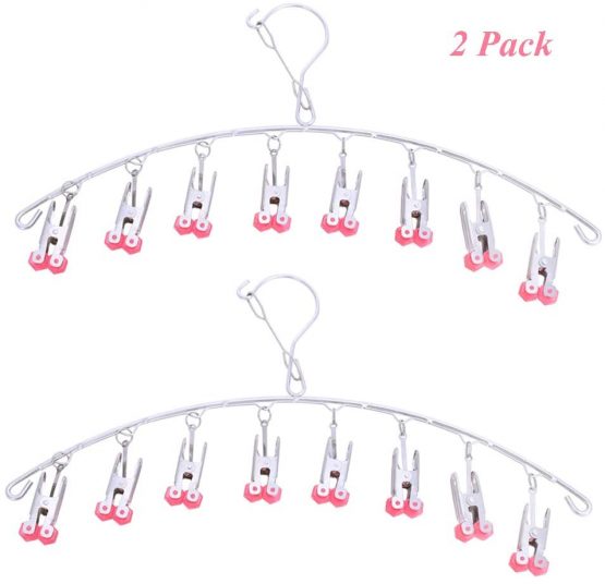 Qinglele 2Pack Drying Hanger, Stainless Steel Drying Rack, Drip Hanger With 8 Pegs for Underwear Socks Bra Panty Gloves, Windproof, Quickly Remove Clothes from Hanger (Red)