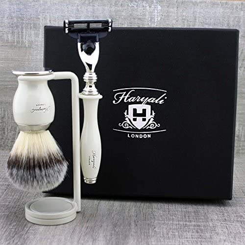 Haryali London Mens Shaving Kit 3 Edge Razor with Synthetic Badger Hair Shaving Brush and Stand Perfect Set for Men