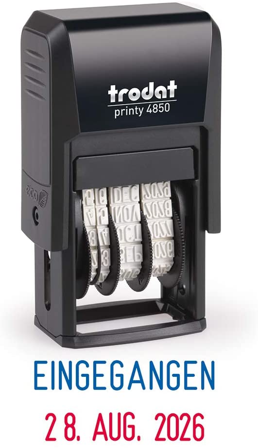 Trodat 4850L1 Date Stamp Printy 3.8 mm 'Eingegangen' Received, Black, 25mm x 24mm