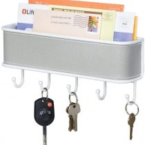 mDesign Mail Holder and Key Rack - Wall Mounted Mail Organiser for Letters, Keys and More - Mail File - White