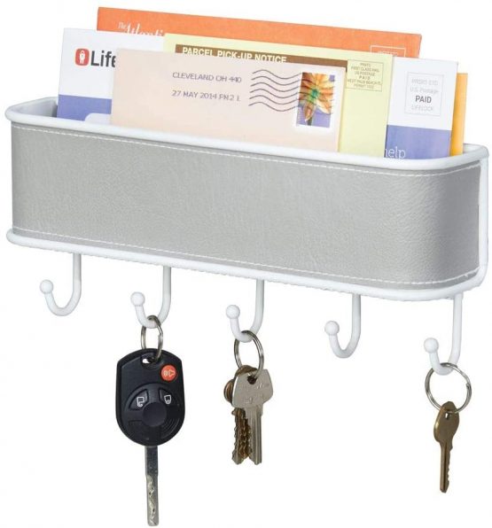 mDesign Mail Holder and Key Rack - Wall Mounted Mail Organiser for Letters, Keys and More - Mail File - White