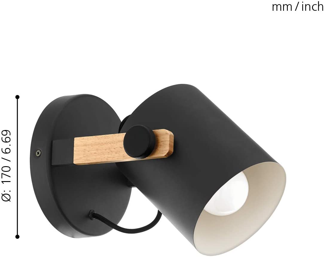 Eglo Wall Lamp Hornwood, 1-Light Vintage Wall Light in Industrial Style, Retro Lamp Made of Steel and Wood, Colour: Black - Image 4