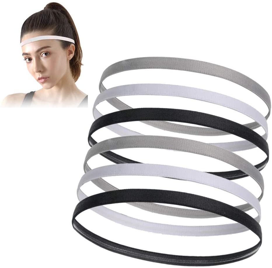 Sports Headbands Slim,6 Pack Thick Non-Slip Elastic Sport Headbands Thin Skinny Band Silicone Grip Head Bands Sweatbands Hairbands for Women Men Unisex Jogging Yoga Football Basketball Soccer 40*1CM