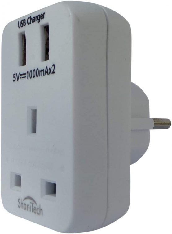 ShaniTech UK to European EU Travel Adaptor 1 Way with 2x USB Charging Ports Ideal for Smartphones, Tablets, Cameras Euro Refer to Description for country list Adapter