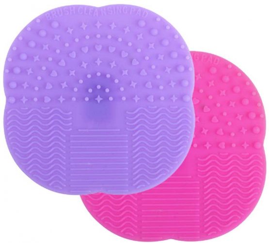 2pcs Silicone Brush Cleaner Make Up Brushes Cleaning Pad Little Rubber Scrubber Mat Portable Cosmetic Brush Washing Tool with Suction Cup 4" x 4" - Rose Red and Purple