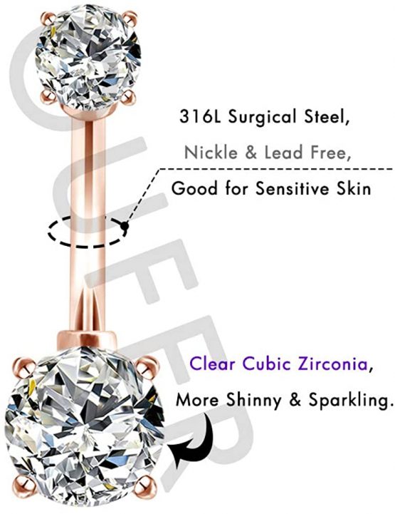 OUFER 14G 316L Stainless Steel Navel Piercing Jewellery Clear CZ Navel Bar Belly Button Rings - Image 3