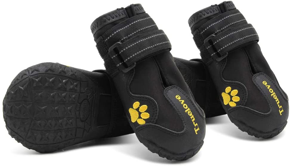 MOKCCI Truelove Dog Boots Waterproof Dog Shoes with Reflective Straps for Small Medium Large Dog Outdoor, Black, 7#(Pack of 4)