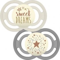 MAM Perfect Soothers 6+ Months (Pack of 2), Thinner and Softer Baby Soothers with Self Sterilising Travel Case, Newborn Essentials, White/Grey (Designs May Vary)