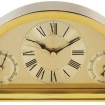 WM Widdop A stunning, brushed gold finished arched mantel carriage clock with Thermometer and hydrometer guage