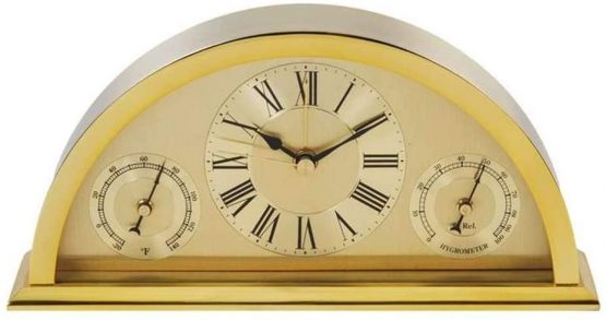 WM Widdop A stunning, brushed gold finished arched mantel carriage clock with Thermometer and hydrometer guage