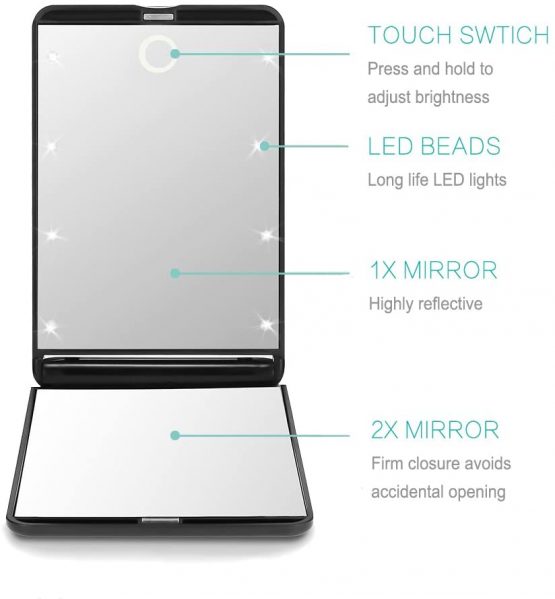 Rantizon Portable Makeup Mirror Dimmable 8 LEDs Lighted Mirror 1X & 2X Magnification Cosmetic Illuminated Handbag Mirror FoldablePocket Mirror Compact Mirror - Image 4