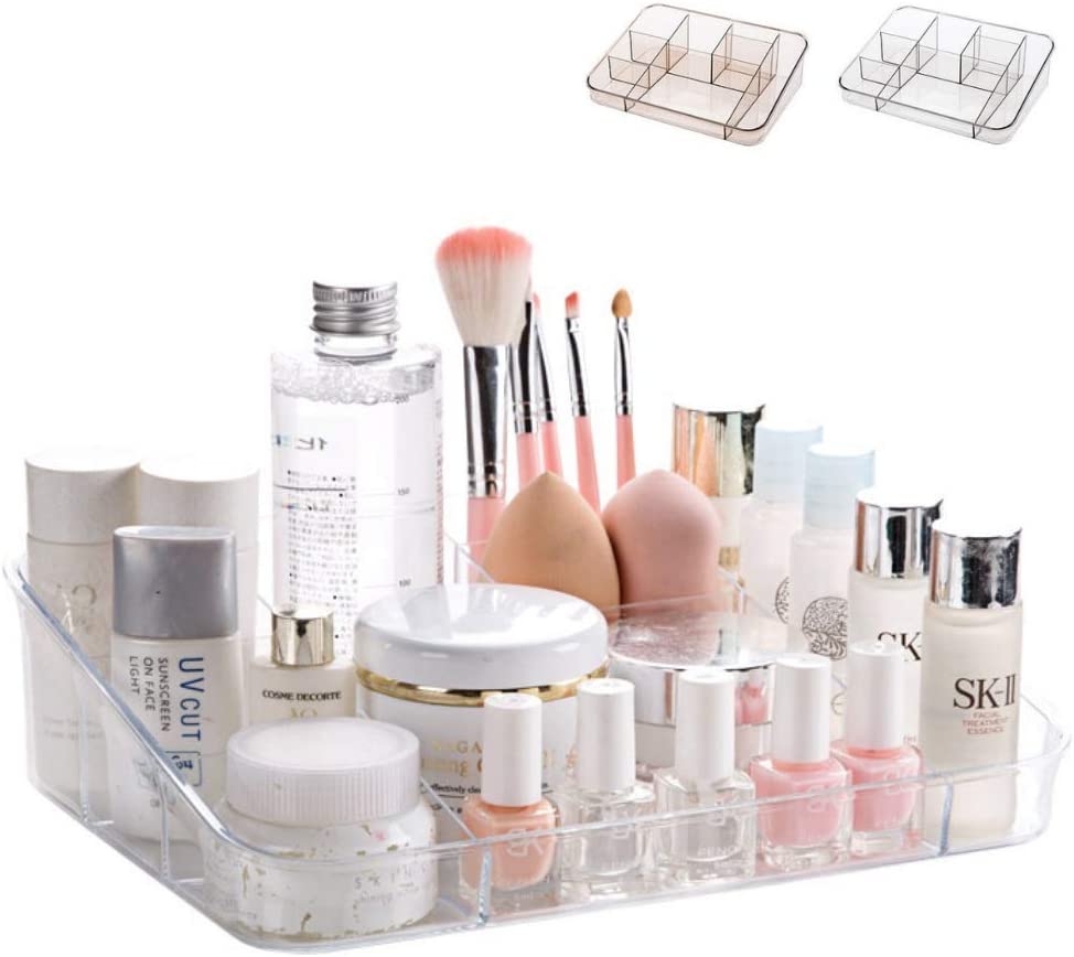 SUNFICON Makeup Tray Organiser Cosmetic Display Case Office Stationery Storage Holder Countertop Storage Unit Makeup Box for Bathroom Drawers,Vanities Office Desk,Washable Crystal Clear Acrylic