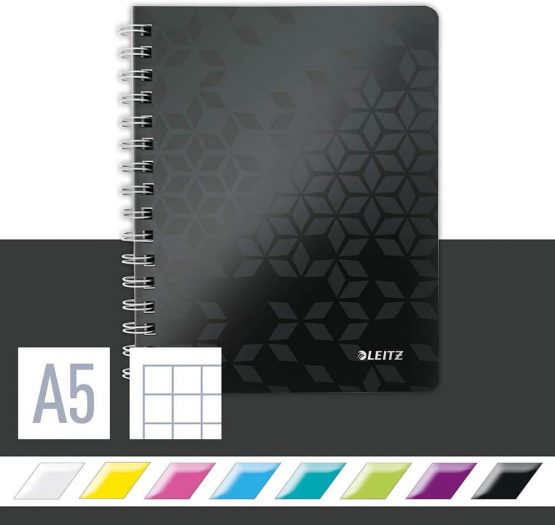 Leitz A5 Flexible Cover Notebook, Black Wire Bound, 80 Sheets, Squared Paper, 90 gsm Ivory Paper, Wow Range