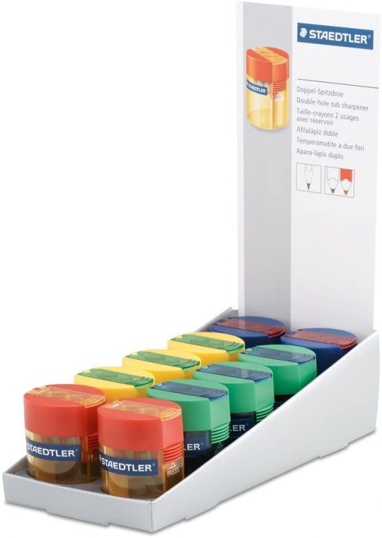 Staedtler 512 006 Round Tub Double Sharpener - Assorted Colours, Pack of 10