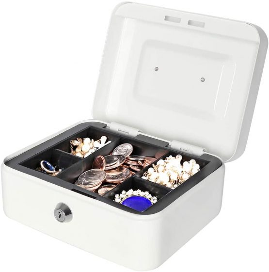 Cash Box with Money Tray, Metal Locking Money Box with Key Lock for Security, 7 4/5" x 6 4/5" x 3 3/5", White - Image 2