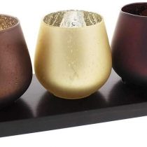 Hestia Set of 3 Warm Browns and Gold Glass Tea Light Holders On Wooden Plinth