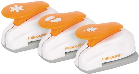 Fiskars Motive Lever Punch (3 Pieces), Snowflake/Leaf/Feet, Diameter 1.9 cm, for Left And Right Handers, Plastic/Zinc, White/Orange, Lever Punch, S, 1055441