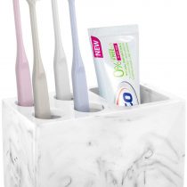 Luxspire Toothbrush Holder, 5 Slots Toothbrushes Razor Holder Toothpaste Stand, Resin Decorative Dental Storage for Bathroom Accessories Set Vanity Counter Sink Organizer Caddy Marble Style- Ink White