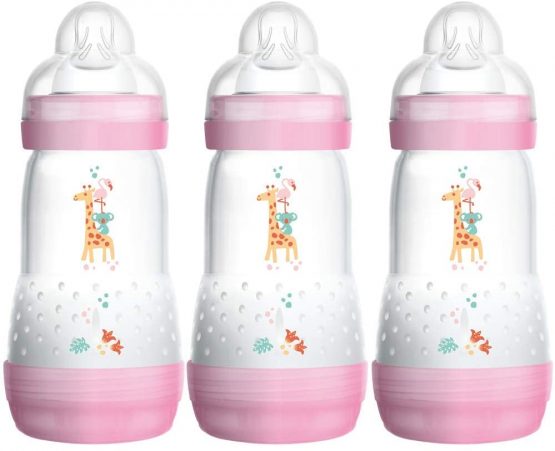 MAM Easy Start Self Sterilising Anti-Colic Baby Bottle Pack of 3 (3 x 260 ml), Anti-Colic Bottle with Medium Flow MAM Teats, Newborn Essentials, Pink (Designs May Vary)