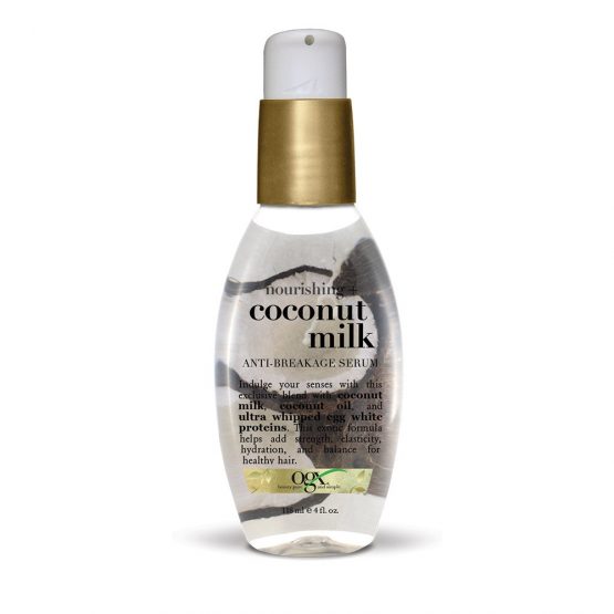 OGX 91008 Anti-Breakage Serum Nourishing Coconut Milk, Paraben and Sulfate Free, Sustainable Ingredients, Strengthening, Protective, Hydrating, 4 Ounce Pump Bottle