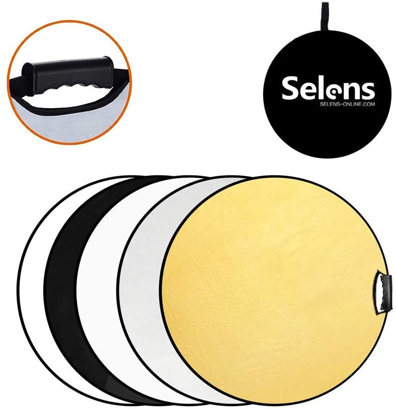 Selens 5 in 1 60cm Light Reflector Photography Diffuser Collapsible Portable Round Lighting Gold/Silver/White/Black/Translucent with Handle for Photo Studio Product Portrait & Outdoor Shooting
