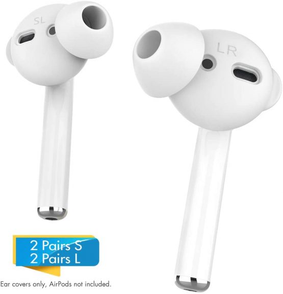 AhaStyle Silicone Earbuds Covers Ear Tips Silicone - Earplugs Covers 4 Pairs Anti-slip [Silicone Storage Hook Pouch] Compatible with Apple AirPods 2 & 1 (2 Pairs Large & 2 Pairs Small, White)
